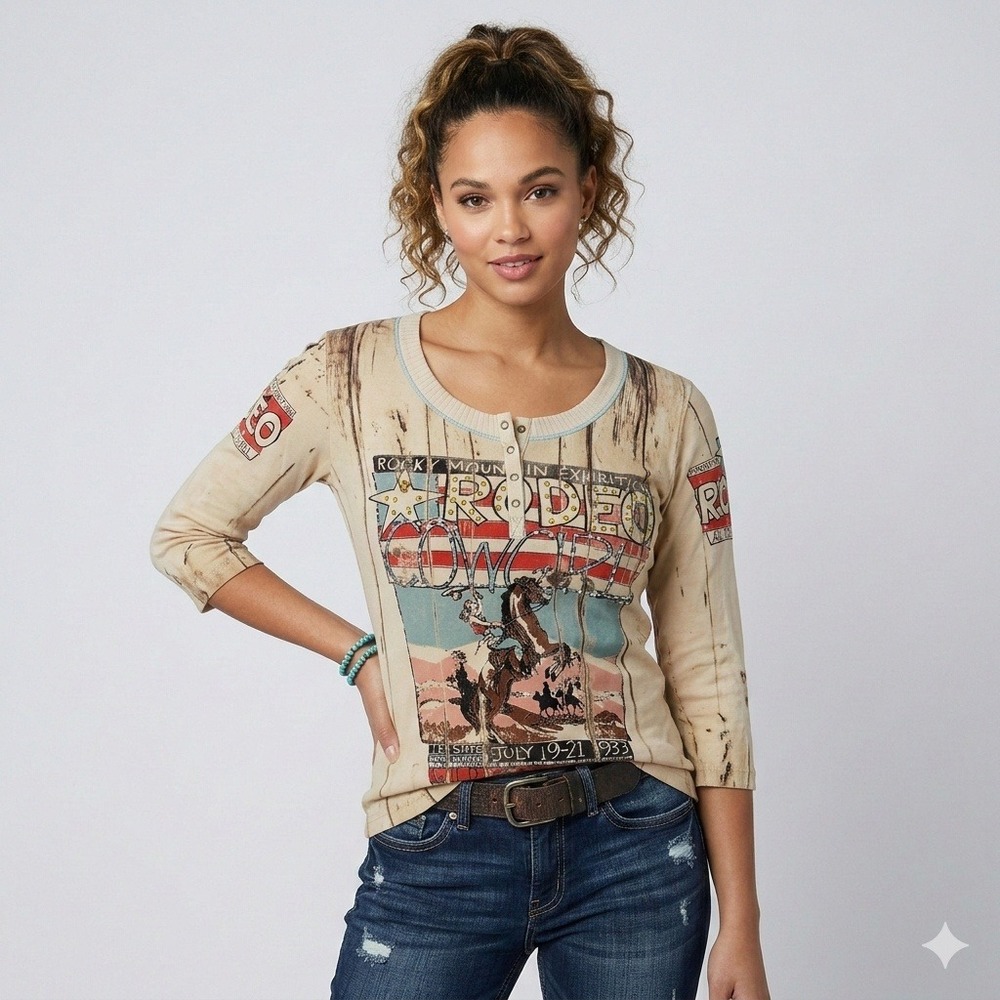 Vanilla Sugar Rodeo Cowgirl Top Womens PM Tan Y2K‎ Western Rhinestone Henley